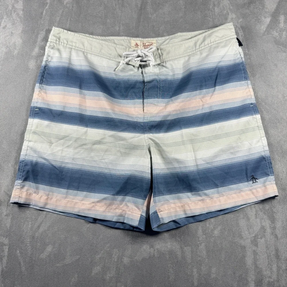 Original Penguin Men's Striped Swim Trunks Blue Grey Peach Size 36 Mesh Lined 6
